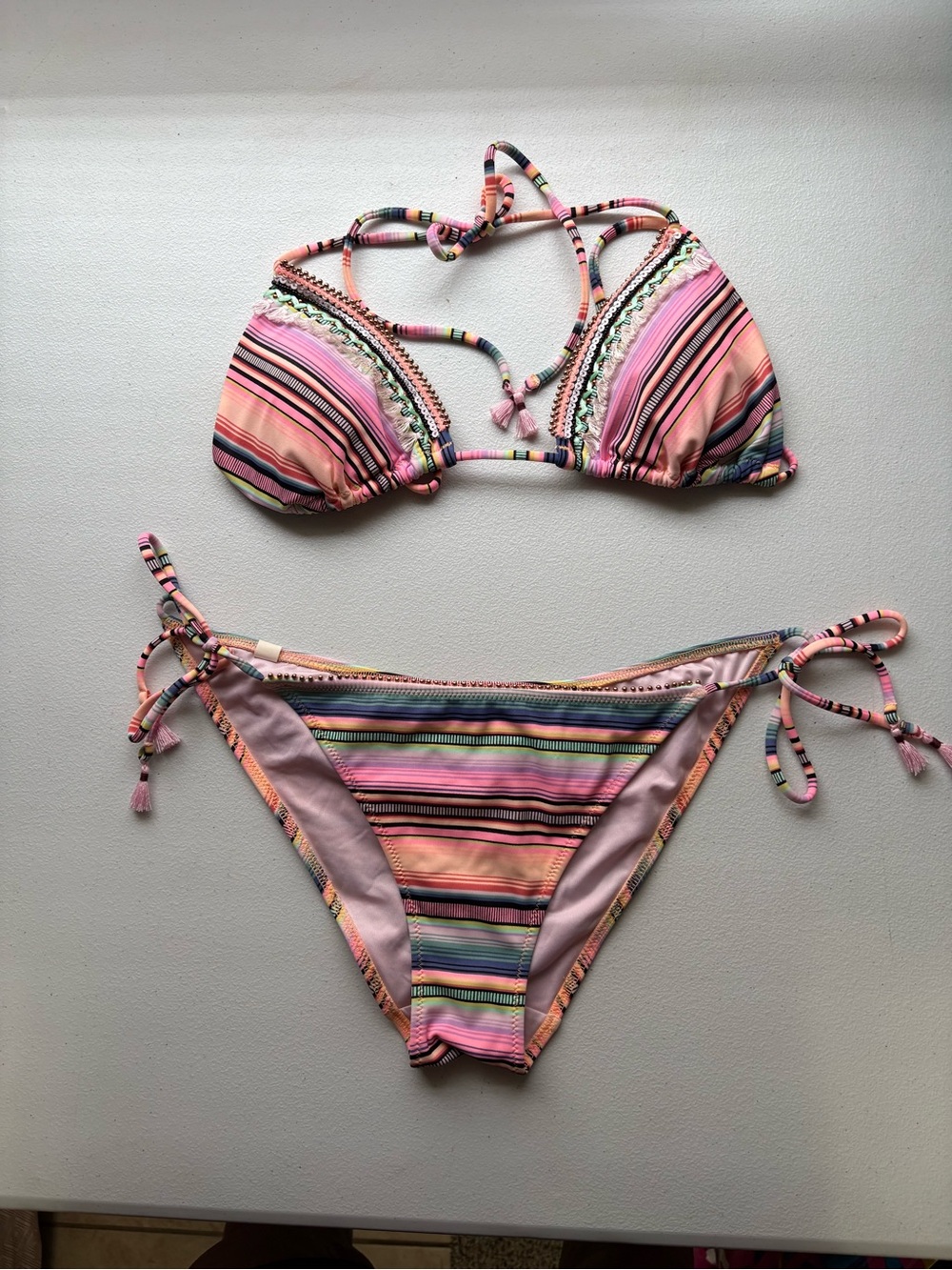 Victoria's Secret The Teenie Striped Embroidered Bikini Set Size M.
